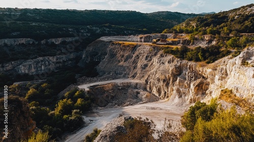 Quarry mining landscape showcasing rugged cliffs and green vegetation under a blue sky with clouds in a natural setting