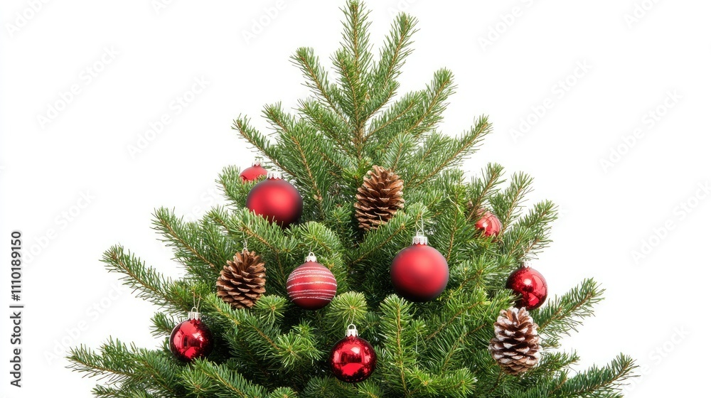Evergreen tree adorned with red Christmas ornaments and pine cones isolated on a white background for festive holiday decor themes Evergreen tree adorned with red Christmas ornaments and pine cones isolated on a white background for festive holiday decor themes