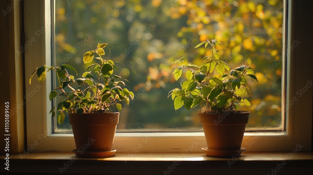 Indoor houseplants thriving on a windowsill with natural sunlight and a blurred garden backdrop creating a serene atmosphere for home gardening Indoor houseplants thriving on a windowsill with natural sunlight and a blurred garden backdrop creating a serene atmosphere for home gardening