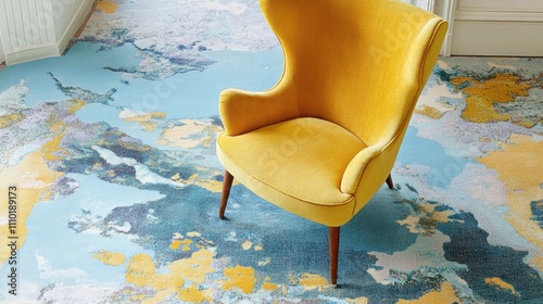 Colorful abstract wool rug with vibrant patterns and a stylish yellow armchair in an elegant interior setting. photo