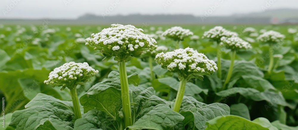 Toxic Hogweed Plant Growing in a Field with White Flowers and Lush Green Leaves in a Vertical Orientation Toxic Hogweed Plant Growing in a Field with White Flowers and Lush Green Leaves in a Vertical Orientation