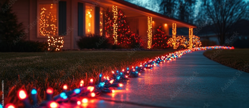 Festive Christmas Lights Illuminating Pathway and House During Holiday Season Evening Display Festive Christmas Lights Illuminating Pathway and House During Holiday Season Evening Display
