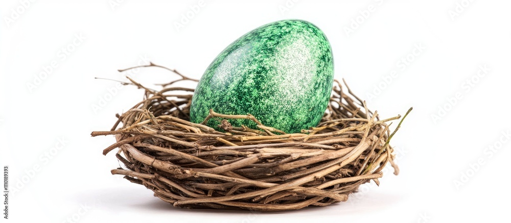 Obraz premium Glittering green Easter egg nestled in a rustic wooden basket nest against a clean white background showcasing springtime decoration.
