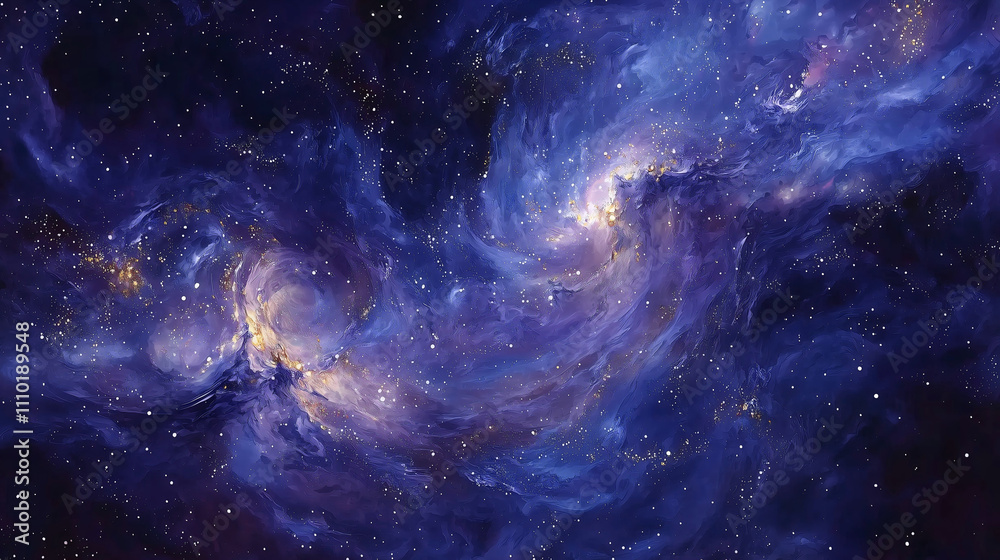 Fototapeta premium Cosmic abstract painting, swirling galaxies and sparkling stars, deep blues and purples accented by bursts of gold, textured brushstrokes creating depth, ethereal and dreamlike atmosphere, impression 