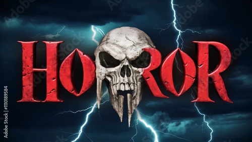 Horror Movie Poster Design, Skull with Red Gothic Text and Lightning photo