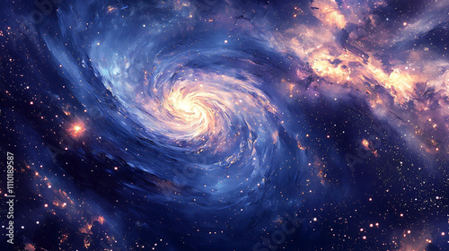 Cosmic abstract painting, swirling galaxies and sparkling stars, deep blues and purples accented by bursts of gold, textured brushstrokes creating depth, ethereal and dreamlike atmosphere, impression 