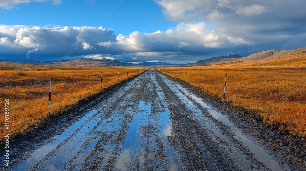 Naklejka premium Dirt road through tundra with reflective puddles leading to oil well pad under summer skies and distant mountains