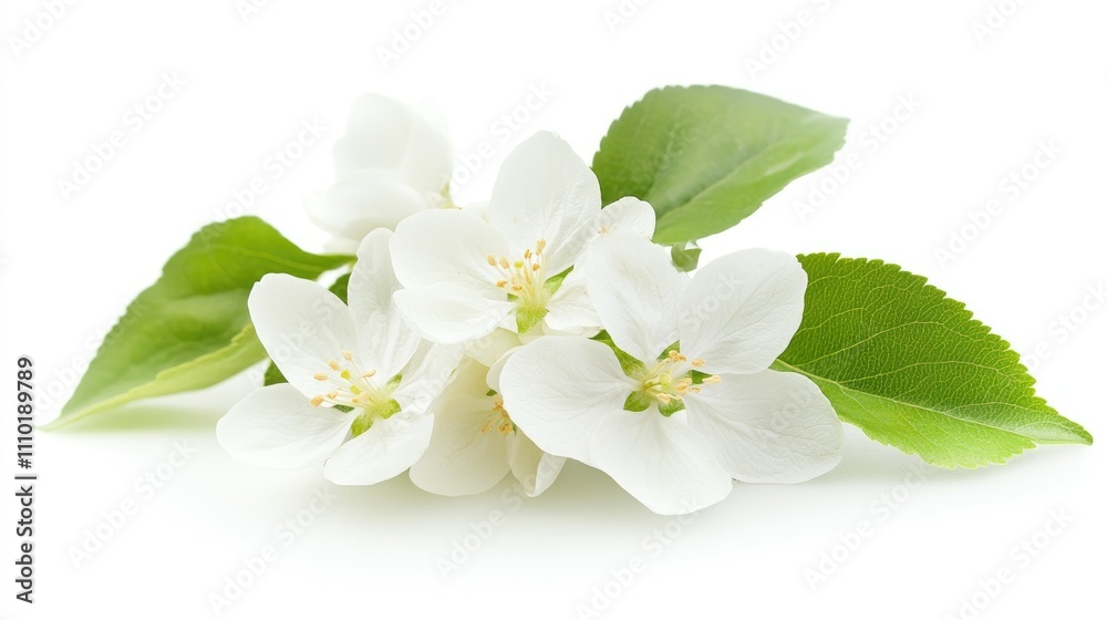 Apple tree blossom branch with white flowers and green leaves isolated on white background showcasing spring beauty and floral freshness
