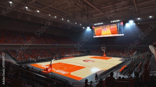 Basketball stadium with tiered seating, bright LED screens, and an immaculate court  photo