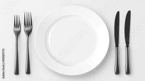 Empty white plate with cutlery arranged on a clean background ideal for food presentation or dining concepts in culinary visuals photo