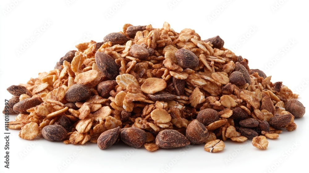 Delicious granola mixture with oats and nuts piled on a clean white background ideal for healthy snack promotion or recipe illustrations Delicious granola mixture with oats and nuts piled on a clean white background ideal for healthy snack promotion or recipe illustrations