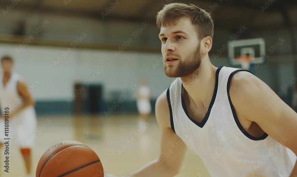Naklejka premium Young male basketball player playing game on court, Generative AI 