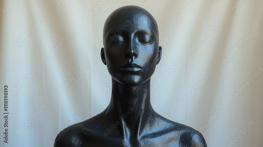 Black mannequin with a serene expression against a clean white backdrop highlighting fashion and design concepts in retail and advertising. Black mannequin with a serene expression against a clean white backdrop highlighting fashion and design concepts in retail and advertising.