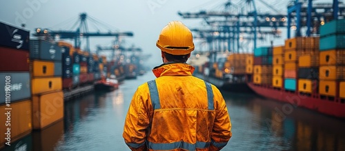 Foreman worker in safety gear overseeing container cargo harbor logistics with containers and cranes in a busy shipping environment photo