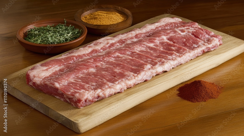 Fresh pork ribs on a wooden cutting board surrounded by spices and herbs in rustic bowls showcasing food preparation and culinary themes Fresh pork ribs on a wooden cutting board surrounded by spices and herbs in rustic bowls showcasing food preparation and culinary themes