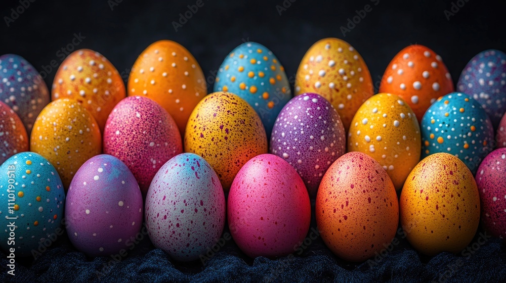 Colorful Easter eggs arranged in a festive display showcasing vibrant shades and playful designs on a dark background. Colorful Easter eggs arranged in a festive display showcasing vibrant shades and playful designs on a dark background.