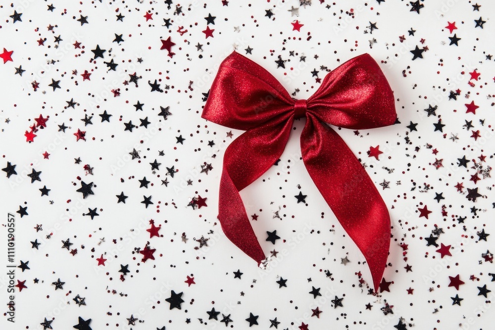 a luxurious red ribbon tied into a bow with scattered star confetti on a White backdrop a luxurious red ribbon tied into a bow with scattered star confetti on a White backdrop