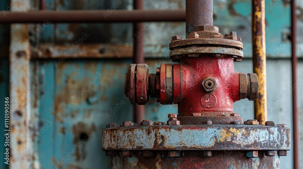 Rusty industrial valve and pipes against an aged metal backdrop showcasing weathered textures and functionality in an industrial setting Rusty industrial valve and pipes against an aged metal backdrop showcasing weathered textures and functionality in an industrial setting