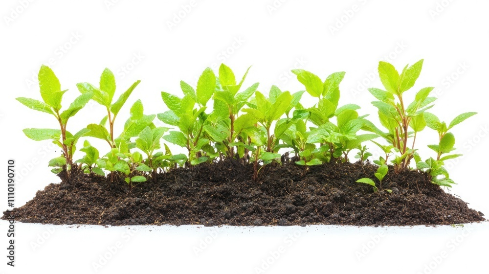 Fresh Green Seedlings Growing in Dark Soil Isolated on White Background with Clipping Path for Eco-Friendly and Gardening Themes Fresh Green Seedlings Growing in Dark Soil Isolated on White Background with Clipping Path for Eco-Friendly and Gardening Themes