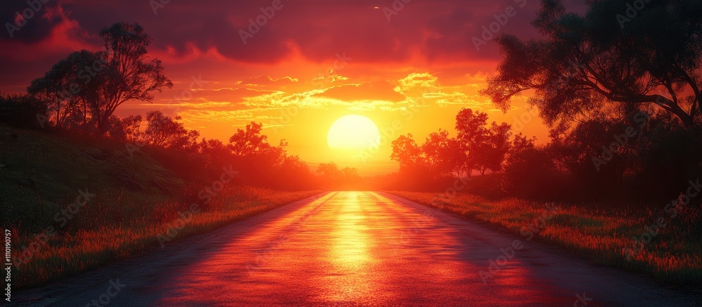 Scenic sunset road with vibrant colors reflecting on a wet surface surrounded by trees in a tranquil landscape setting. Scenic sunset road with vibrant colors reflecting on a wet surface surrounded by trees in a tranquil landscape setting.