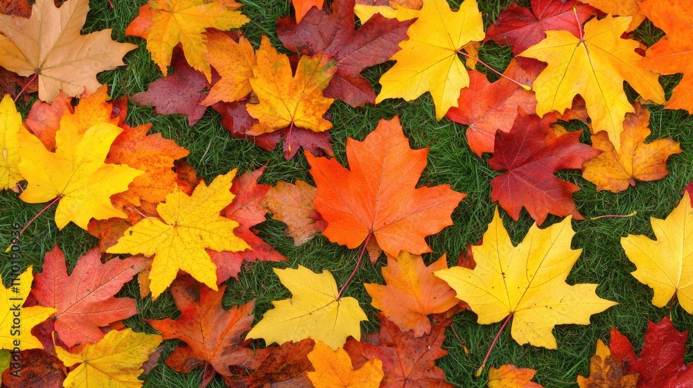 Colorful Autumn Leaves on Green Grass Creating a Vibrant Natural Scene in a Park During a Sunny Day in Fall Colorful Autumn Leaves on Green Grass Creating a Vibrant Natural Scene in a Park During a Sunny Day in Fall