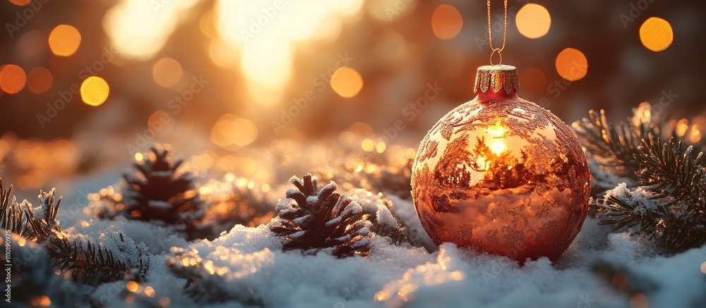 Christmas Tree Decorations in Snowy Winter Scene with Glittering Ornaments and Pine Cones against a Warm Sunset Background Christmas Tree Decorations in Snowy Winter Scene with Glittering Ornaments and Pine Cones against a Warm Sunset Background