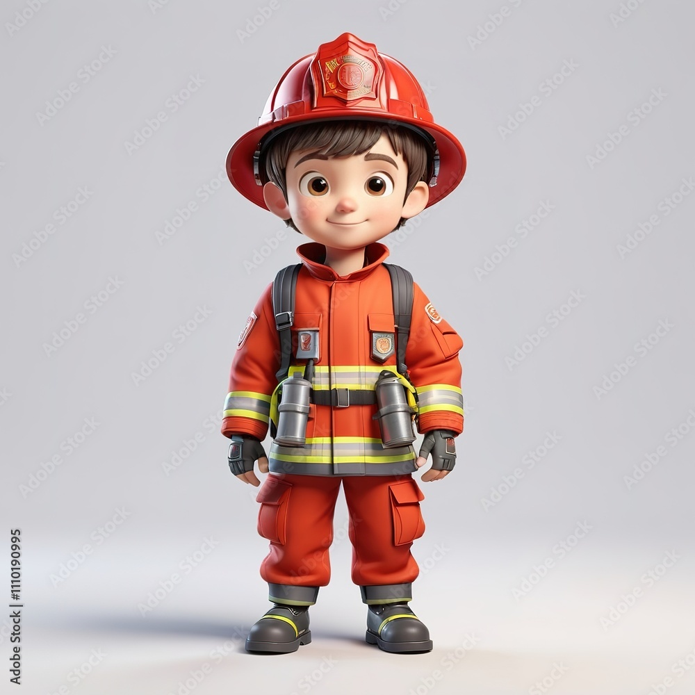 Adorable 3D firefighter boy character with equipment on a neutral background. Adorable 3D firefighter boy character with equipment on a neutral background.