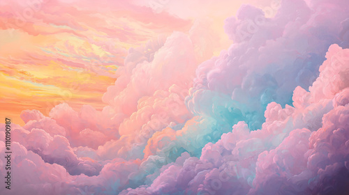 Surreal abstract painting, pastel gradients, soft clouds blending into vivid neon streams, 