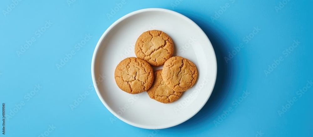 Honey cookies on a white plate against a vibrant blue background showcasing their golden texture and delicious appearance. Honey cookies on a white plate against a vibrant blue background showcasing their golden texture and delicious appearance.
