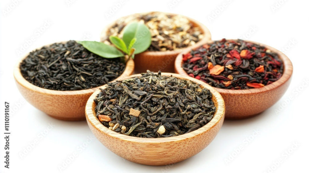 Variety of dry tea leaves in wooden bowls on white background showcasing rich textures and colors of red green and black tea blends