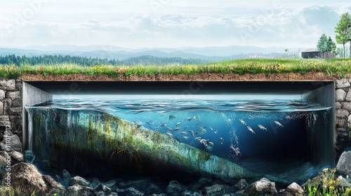A illustration of An animated cross-section of a water aqueduct delivering clean water to urban and rural areas 