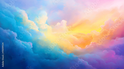 Surreal abstract painting, pastel gradients, soft clouds blending into vivid neon streams, 
