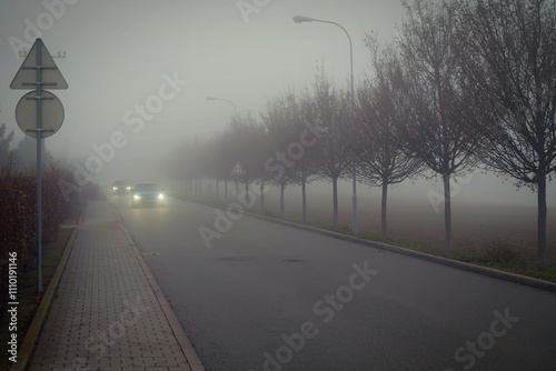 Foto Bad weather driving - foggy hazy country road