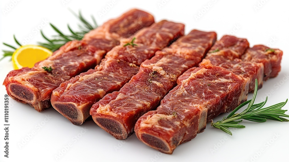Raw pork ribs slices arranged on a white background garnished with herbs and a lemon slice showcasing fresh meat quality and presentation. Raw pork ribs slices arranged on a white background garnished with herbs and a lemon slice showcasing fresh meat quality and presentation.