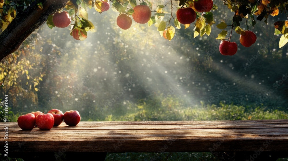 Naklejka premium Wooden table with apples under tree branches in a sunlit orchard ideal for product display and seasonal marketing themes
