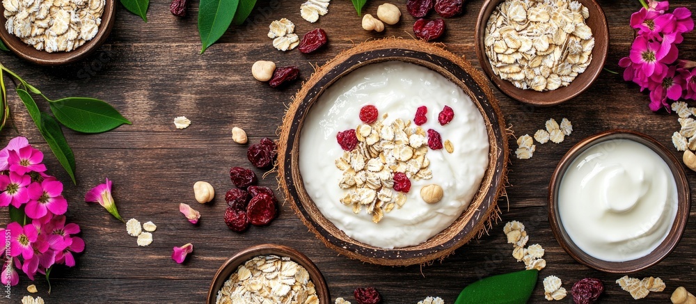 Healthy breakfast in a coconut bowl featuring yogurt, muesli, dried fruits, nuts, and edible flowers on a rustic wooden background Healthy breakfast in a coconut bowl featuring yogurt, muesli, dried fruits, nuts, and edible flowers on a rustic wooden background