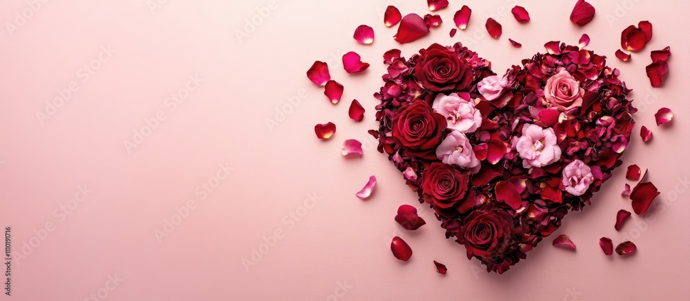 Heart shaped floral arrangement with red and pink flowers on soft pink background overhead view space for text and design elements Heart shaped floral arrangement with red and pink flowers on soft pink background overhead view space for text and design elements
