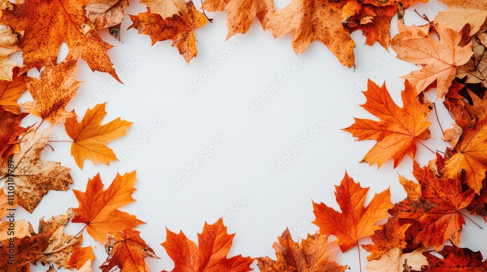 Fototapeta premium Autumn maple leaves arranged in a circular frame showcasing vibrant orange and brown colors on a clean white background
