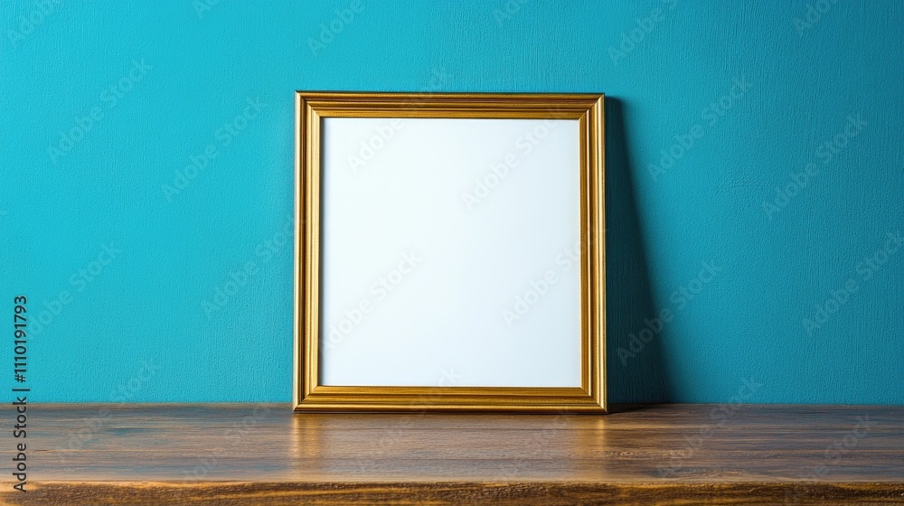 Elegant gold picture frame on wooden table against blue wall ideal for displaying art or photographs with ample copy space. Elegant gold picture frame on wooden table against blue wall ideal for displaying art or photographs with ample copy space.