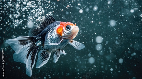 Oranda Panda Goldfish swimming gracefully in an aquarium surrounded by bubbles on a blurred black background photo