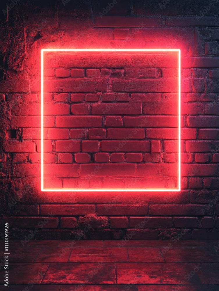 Red neon frame on a brick wall Red neon frame on a brick wall