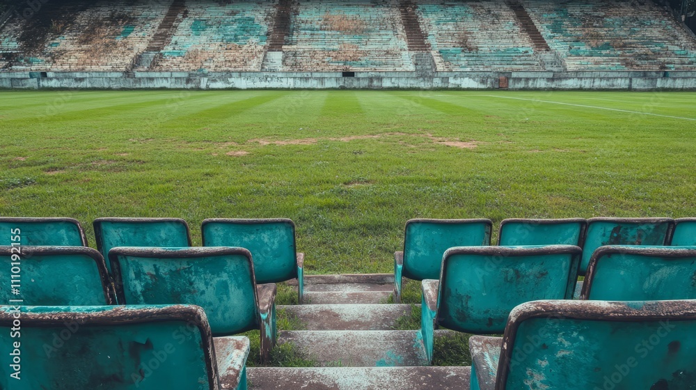 Obraz premium Old soccer stadium with faded seats, weathered walls, and worn field 