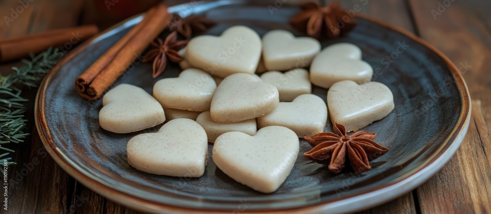 Heart shaped white gingerbread cookies arranged on a decorative plate with cinnamon sticks and star anise spices on a rustic wooden table
