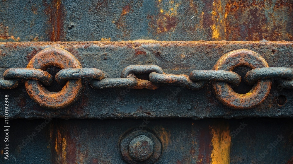 Rusty industrial chains on a weathered metal surface showcasing textures and colors of heavy machinery in an industrial setting Rusty industrial chains on a weathered metal surface showcasing textures and colors of heavy machinery in an industrial setting