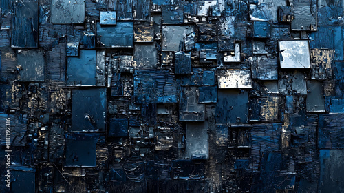 Urban abstract art, fragmented skyscrapers, metallic textures, deep blue and steel gray tones, 