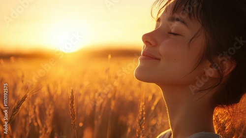 Backlit Portrait of calm happy smiling free woman with closed eyes enjoys a beautiful moment life on the fields at sunset