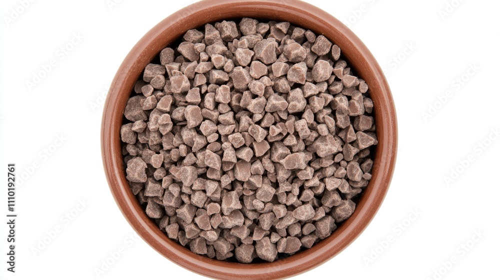 Granulated yeast in a brown bowl viewed from above isolated on a clean white background for culinary and baking concepts Granulated yeast in a brown bowl viewed from above isolated on a clean white background for culinary and baking concepts