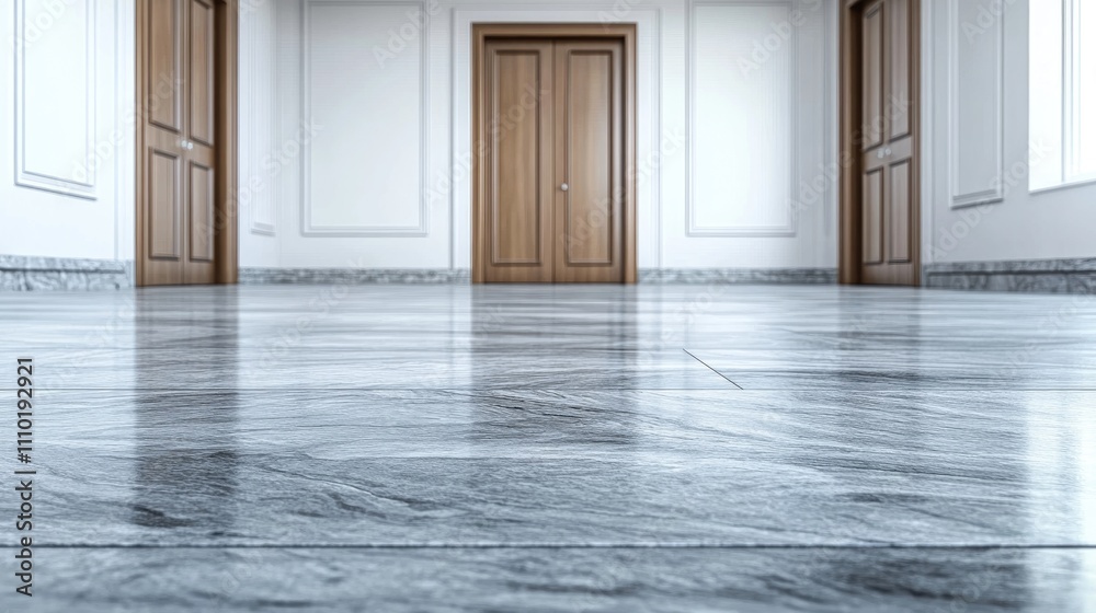 Elegant Gray Granite Floor in Spacious Hallway with Wooden Doors and Bright Natural Light Elegant Gray Granite Floor in Spacious Hallway with Wooden Doors and Bright Natural Light