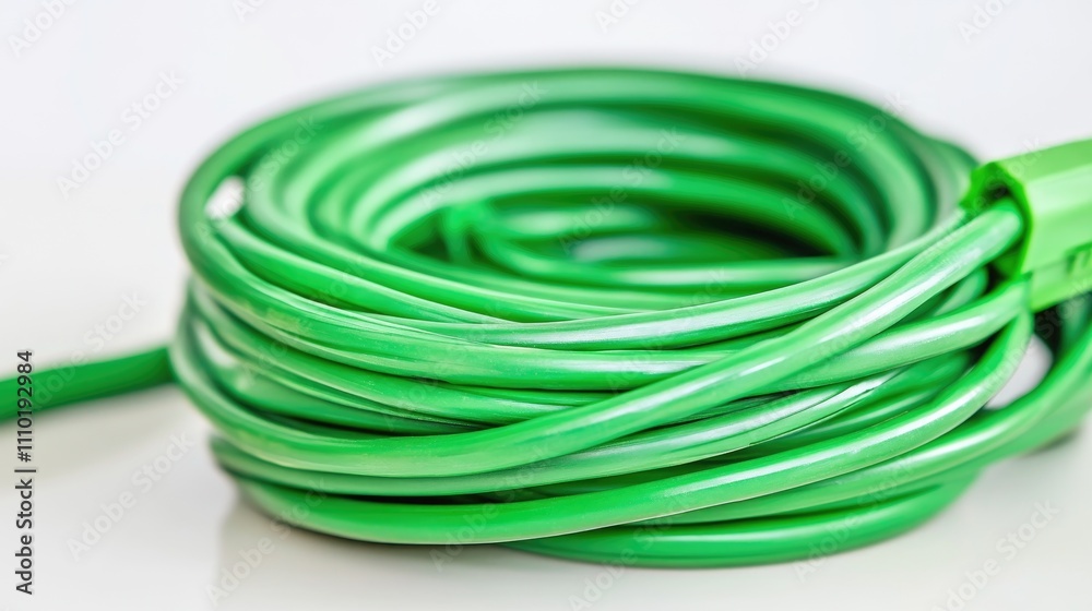 Coiled green electric cable on a white background showcasing its texture and color with a blurred effect for a modern aesthetic. Coiled green electric cable on a white background showcasing its texture and color with a blurred effect for a modern aesthetic.