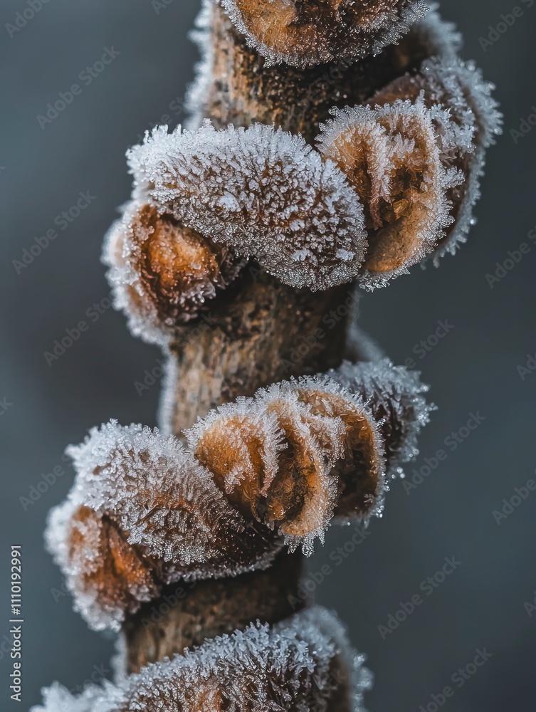 Frosty Twisted Bark with Brown Fungal Growths Surrounded by Delicate Ice Crystals on a Cold Winter Day Highlighting Nature's Beauty and Textures Frosty Twisted Bark with Brown Fungal Growths Surrounded by Delicate Ice Crystals on a Cold Winter Day Highlighting Nature's Beauty and Textures